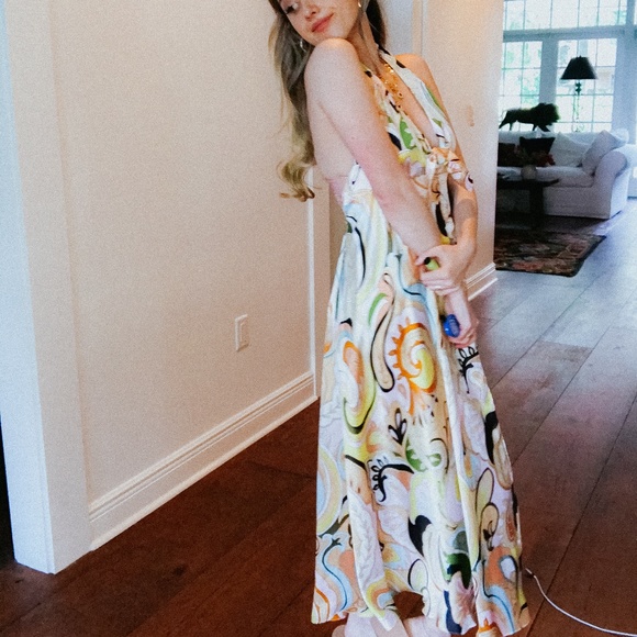 Zara Retro/Y2K Tie Front Paisley Floral Satin Halter Sleeveless Midi Slip Dress - Picture 16 of 16